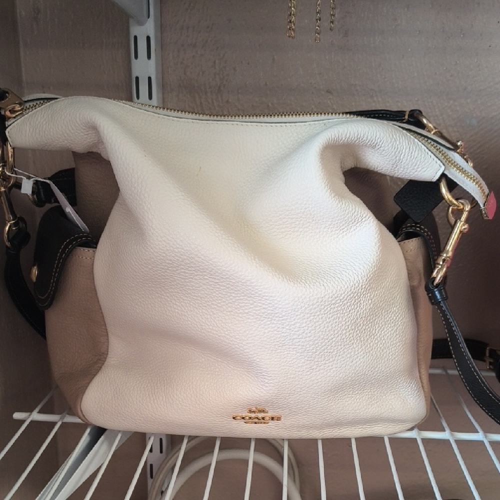 Coach Two-Tone Pebble Leather Hobo Bag in Cream and Black